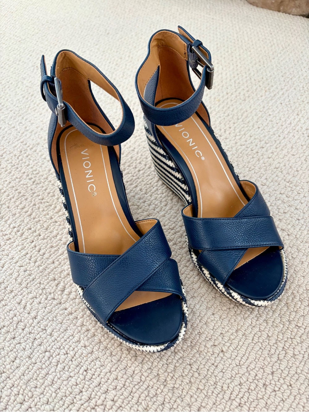 Vionic Navy Leather Ankle-Strap Wedge Sandals Size 6 NWOT
